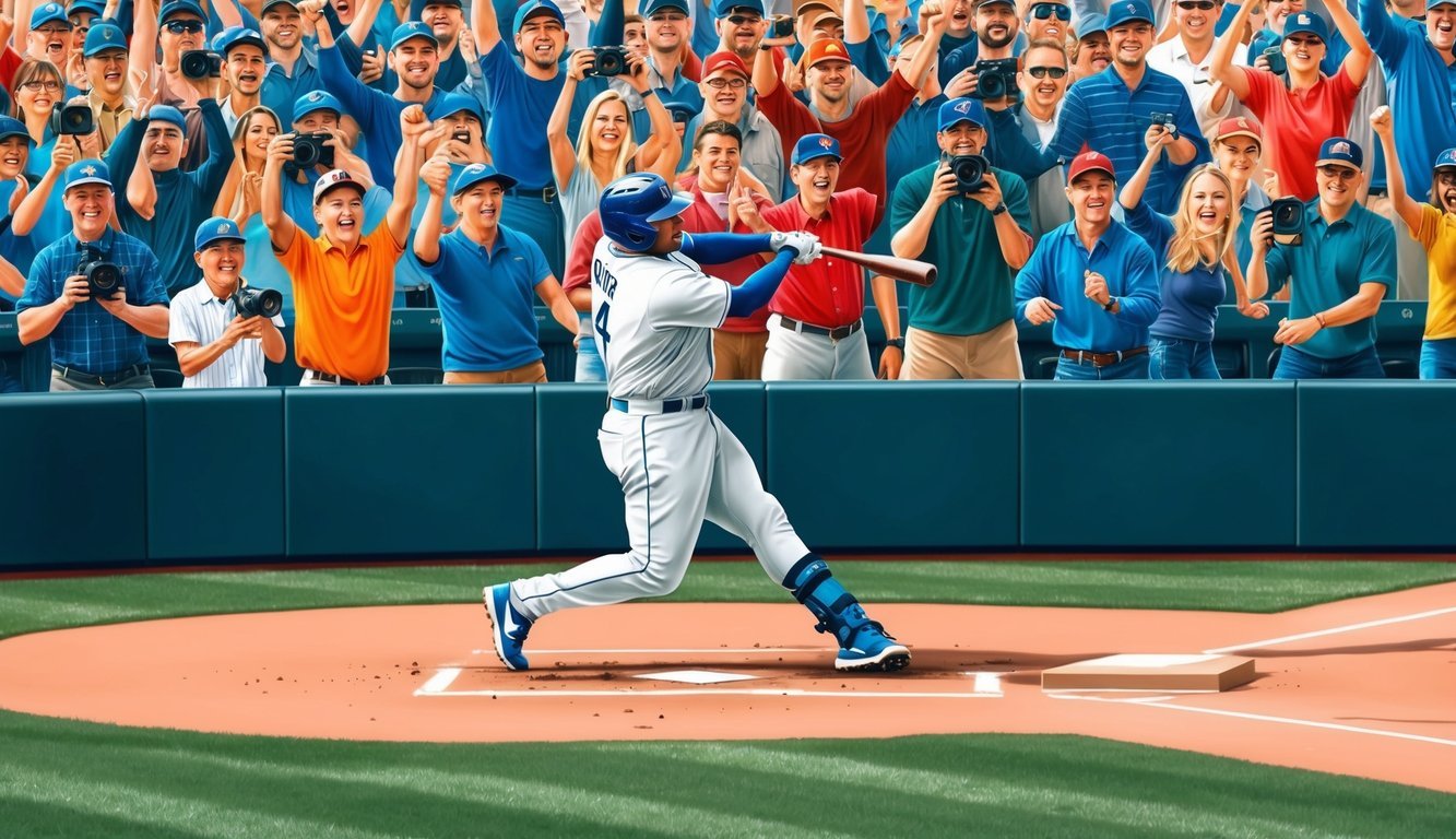 A baseball field with a player hitting a home run surrounded by cheering fans and flashing cameras