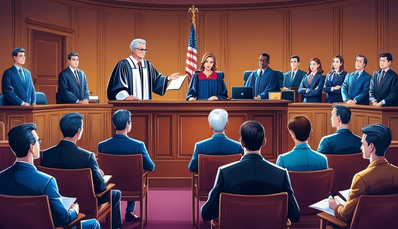 A courtroom with a judge presiding over a trial, lawyers presenting evidence, and a jury listening attentively