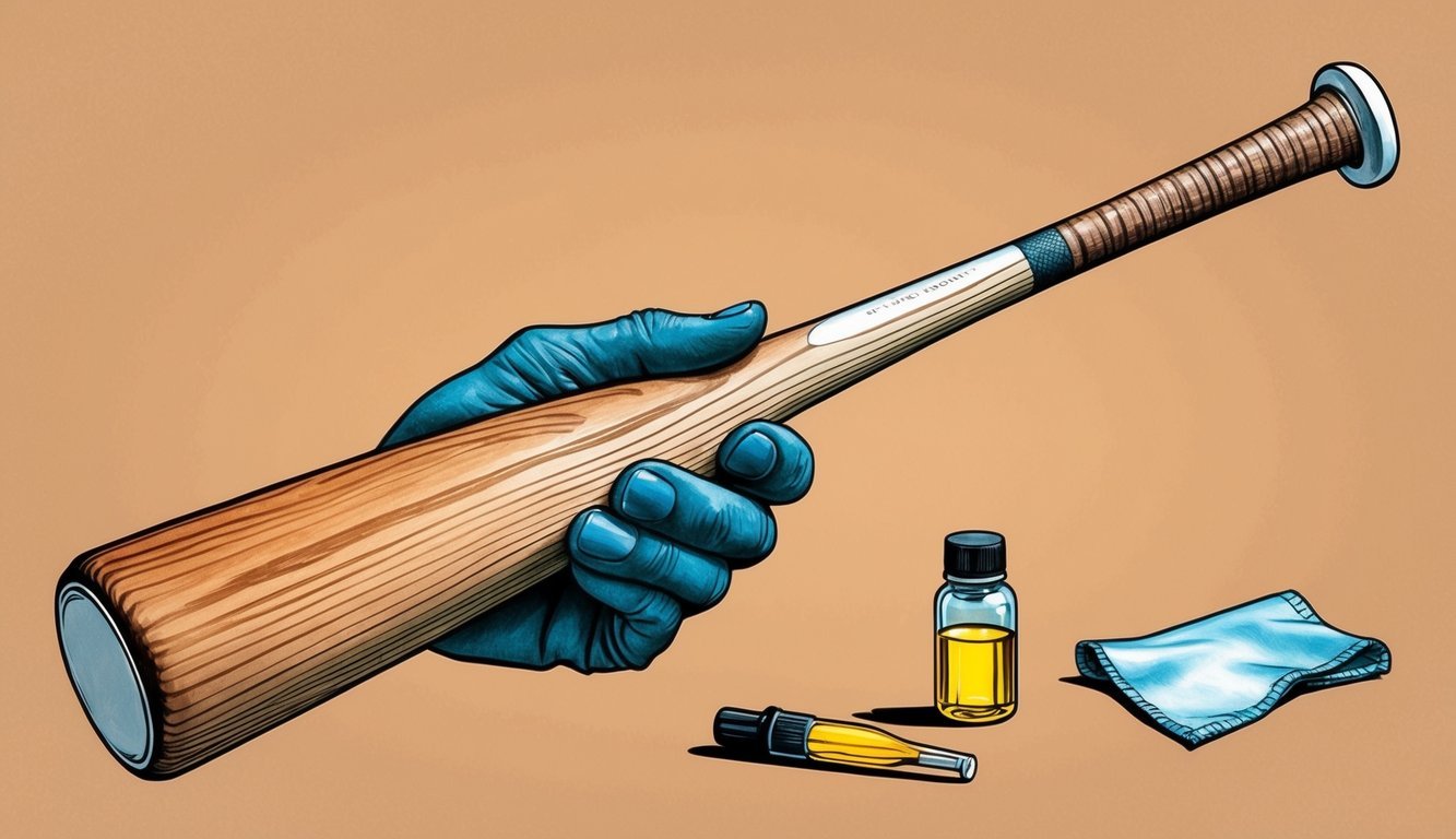 A hand holding a baseball bat, with a small bottle of oil and a cloth nearby for maintenance and care