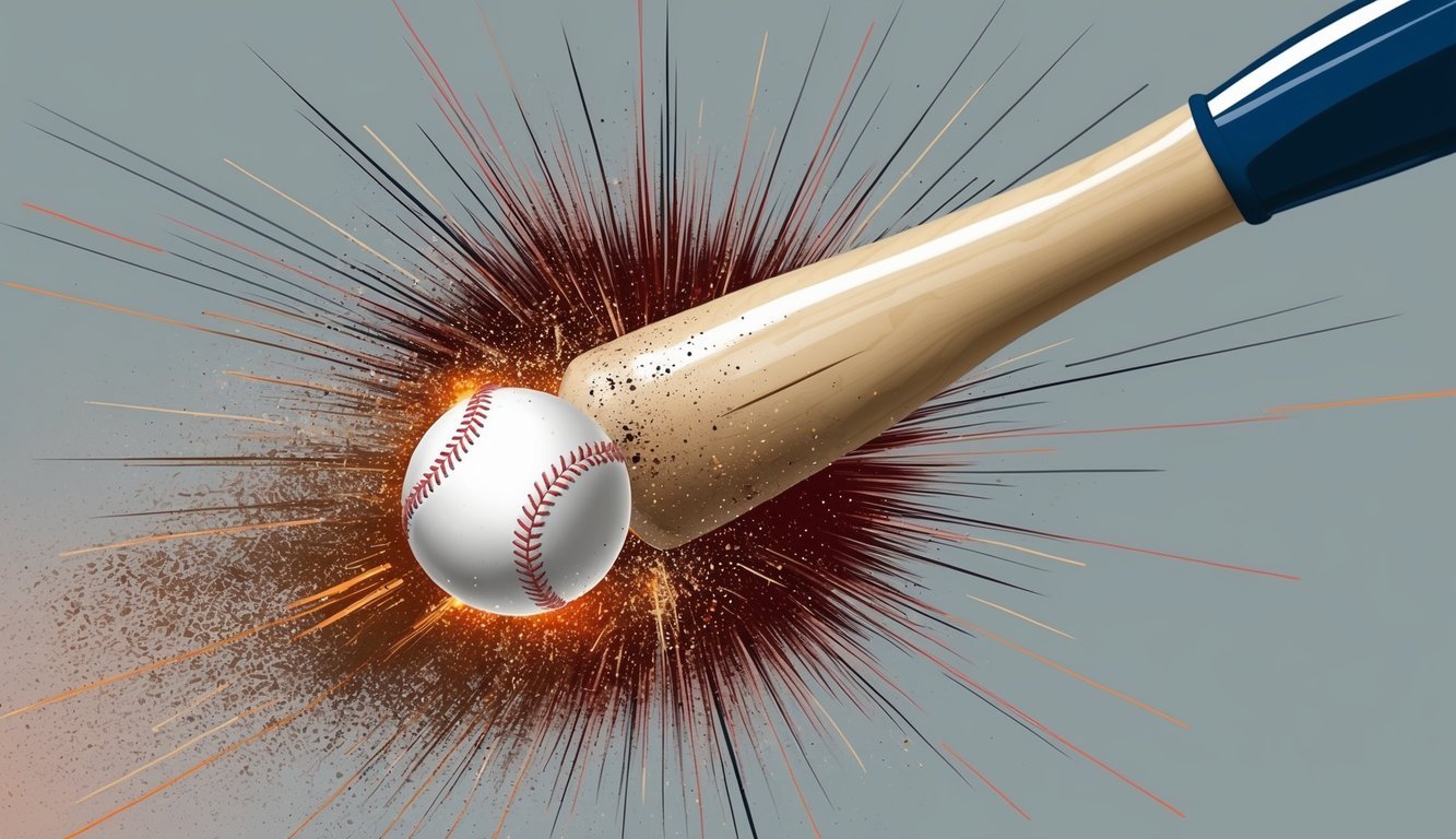 A baseball bat striking a ball with motion lines and impact sparks