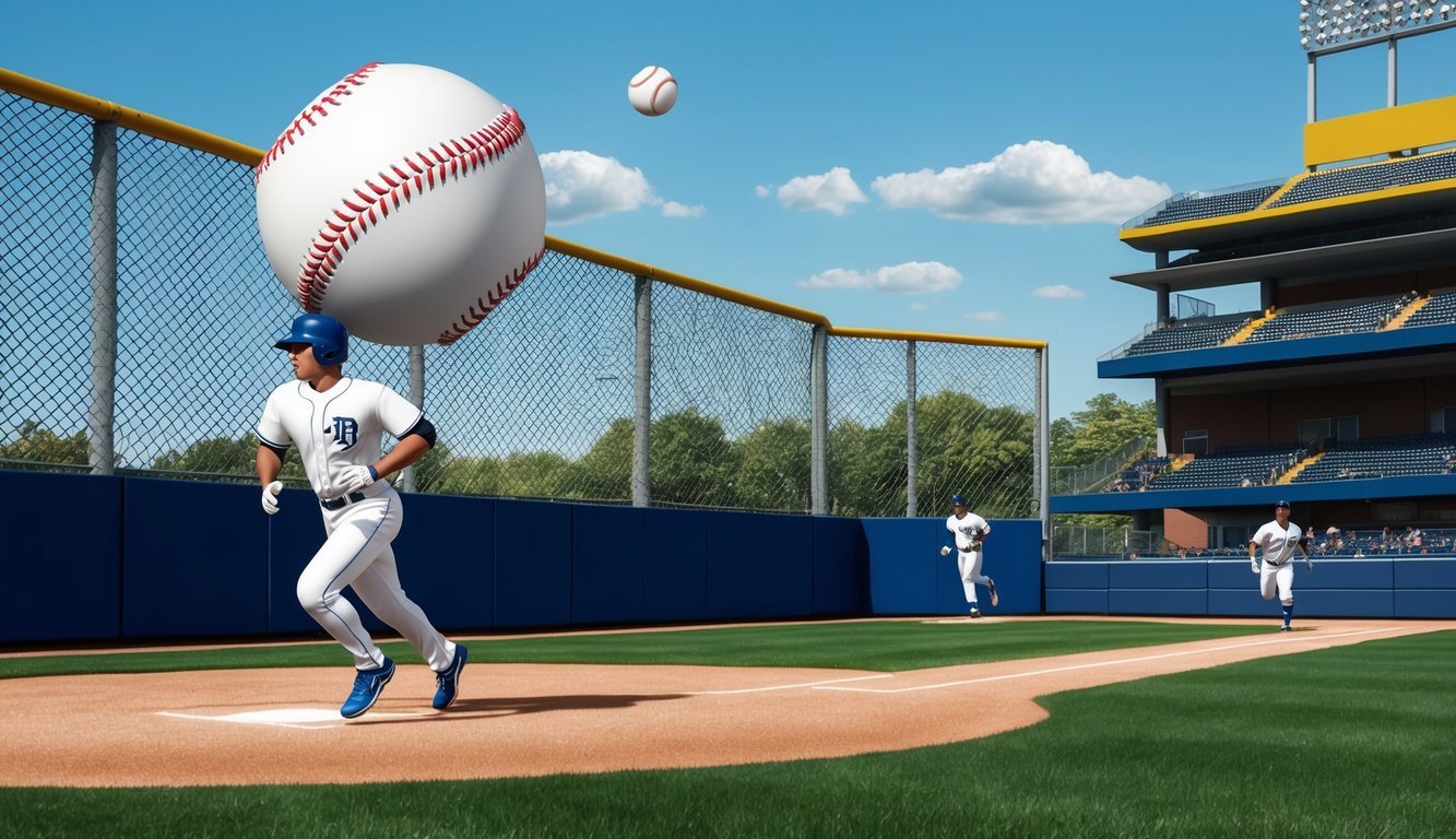 A baseball flying through the air towards the outfield fence, as the batter runs towards first base