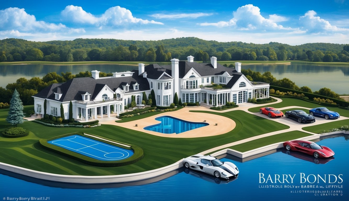 Barry Bonds' luxurious mansion with a sprawling estate, fancy cars, and a private gym overlooking a serene lake, showcasing his extravagant post-baseball lifestyle