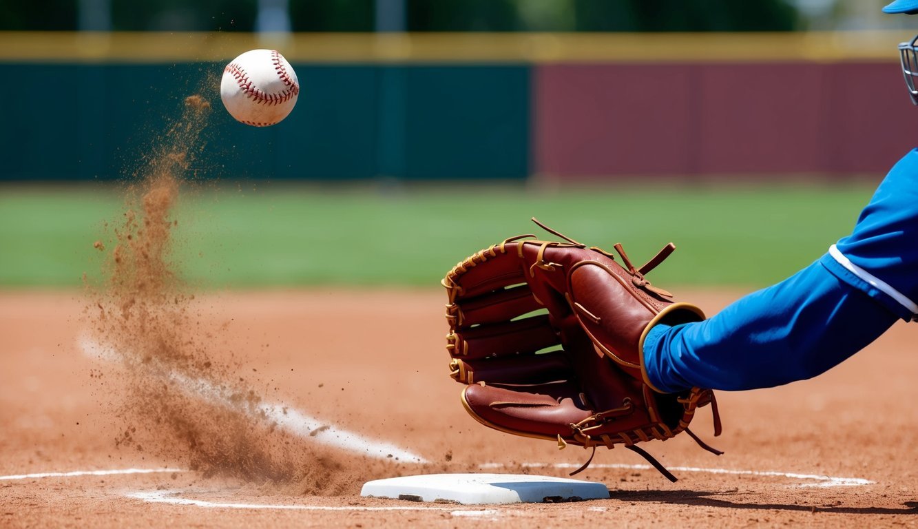 A baseball flying toward a player's glove, ready to catch