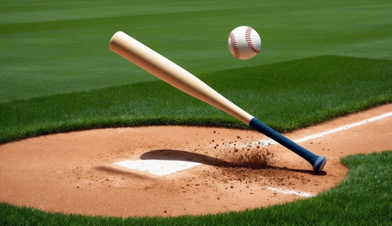 A baseball bat makes solid contact with a ball, sending it soaring into the outfield