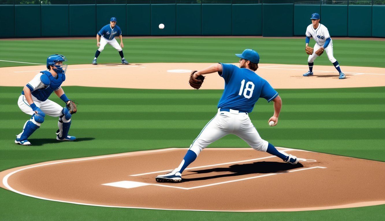 Baseball pitcher in blue uniform throwing a ball on the field