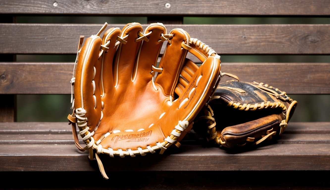 A brand new baseball glove made of high-quality leather, sitting on a wooden bench next to a worn-out and scuffed glove