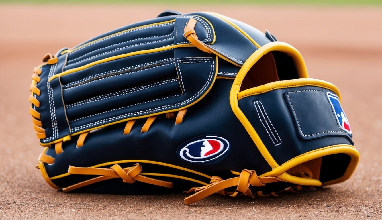 A baseball glove resting on a fielder's position, with a deep pocket and reinforced webbing for catching and securing the ball