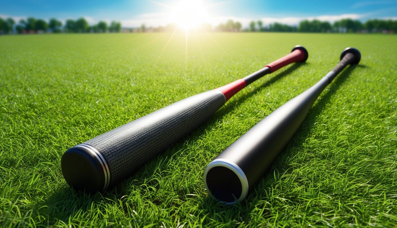 Two baseball bats on a green field under a bright sun