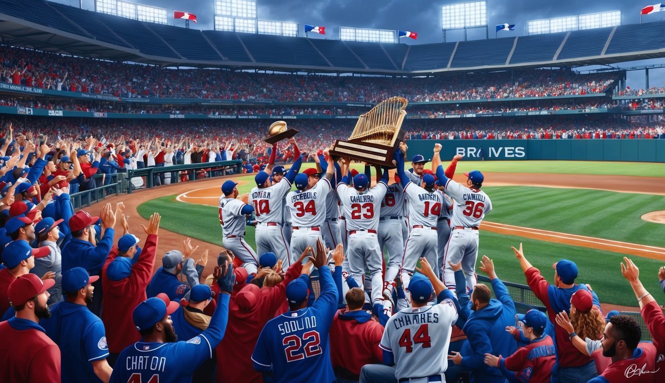 A crowded baseball stadium with fans cheering as the Braves celebrate their World Series wins with players holding up the championship trophy