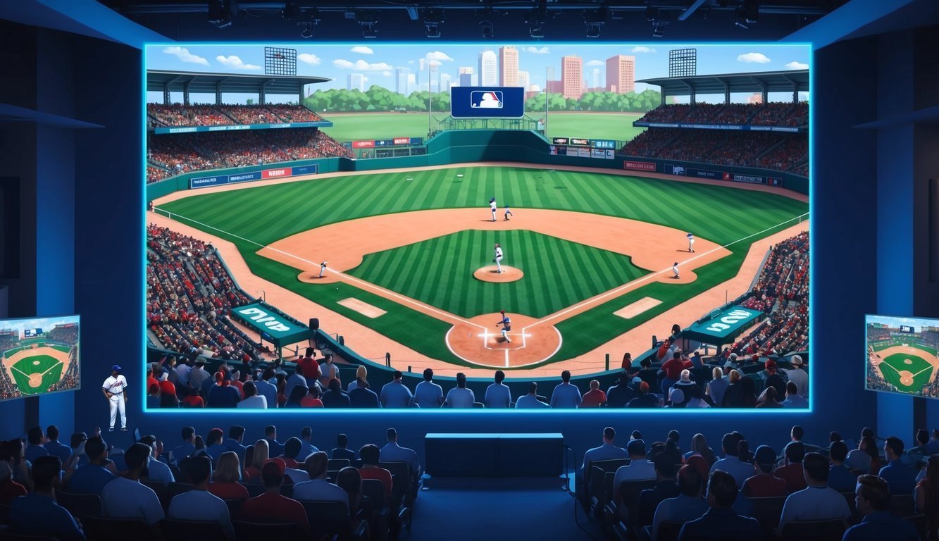 People watching a baseball game on a giant screen in a theater