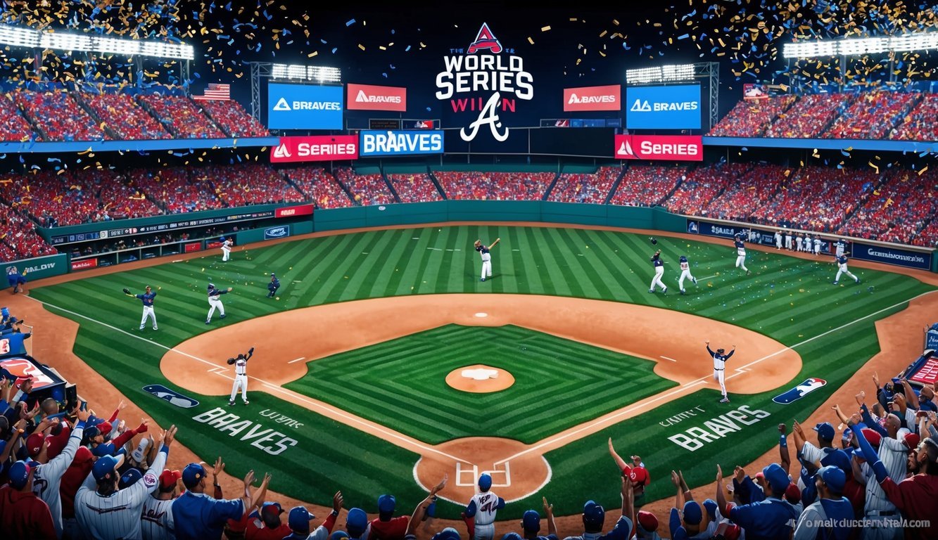 A baseball field with the Braves celebrating a World Series win, surrounded by cheering fans and confetti