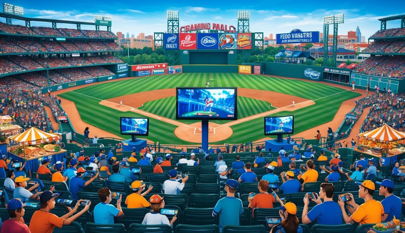 A vibrant baseball stadium filled with fans playing video games on large screens, surrounded by food vendors and cultural displays