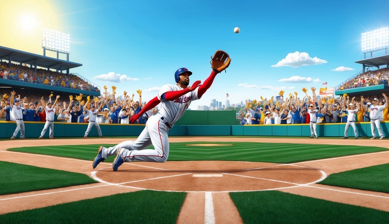 Baseball player diving to catch a ball, with cheering crowd in the stadium