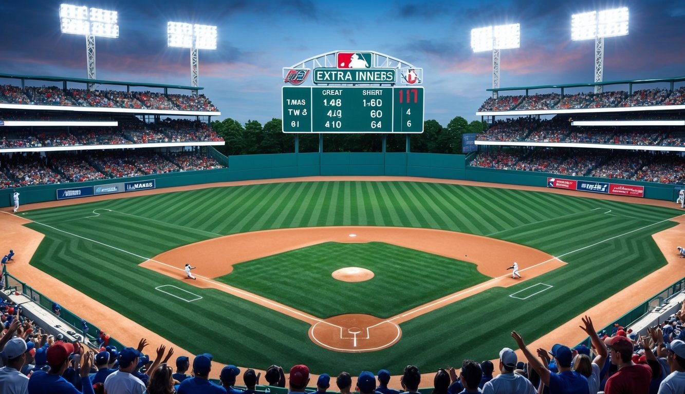 A baseball field with two teams playing extra innings under the lights, with the scoreboard showing the score and the crowd cheering