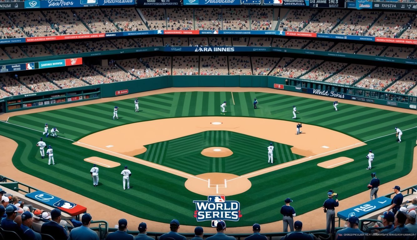 A baseball field with a packed stadium, players on the field, and umpires enforcing the extra innings rules during a World Series game