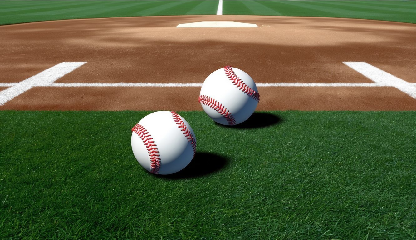 A baseball game scene with two baseballs on the field