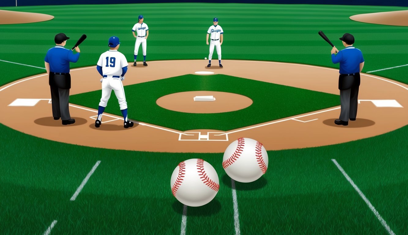 A baseball field with two baseballs on the grass, surrounded by players and umpires