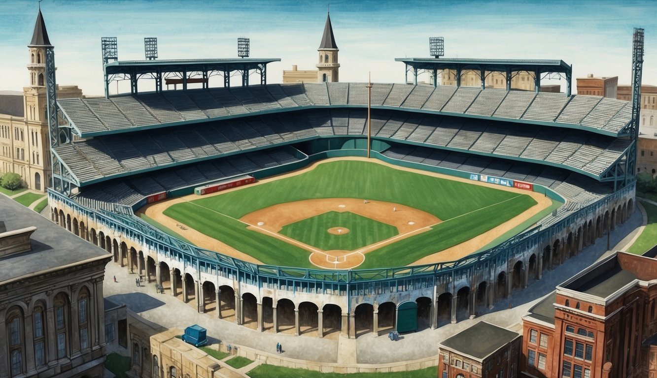 Aerial view of a baseball stadium with green field and seating