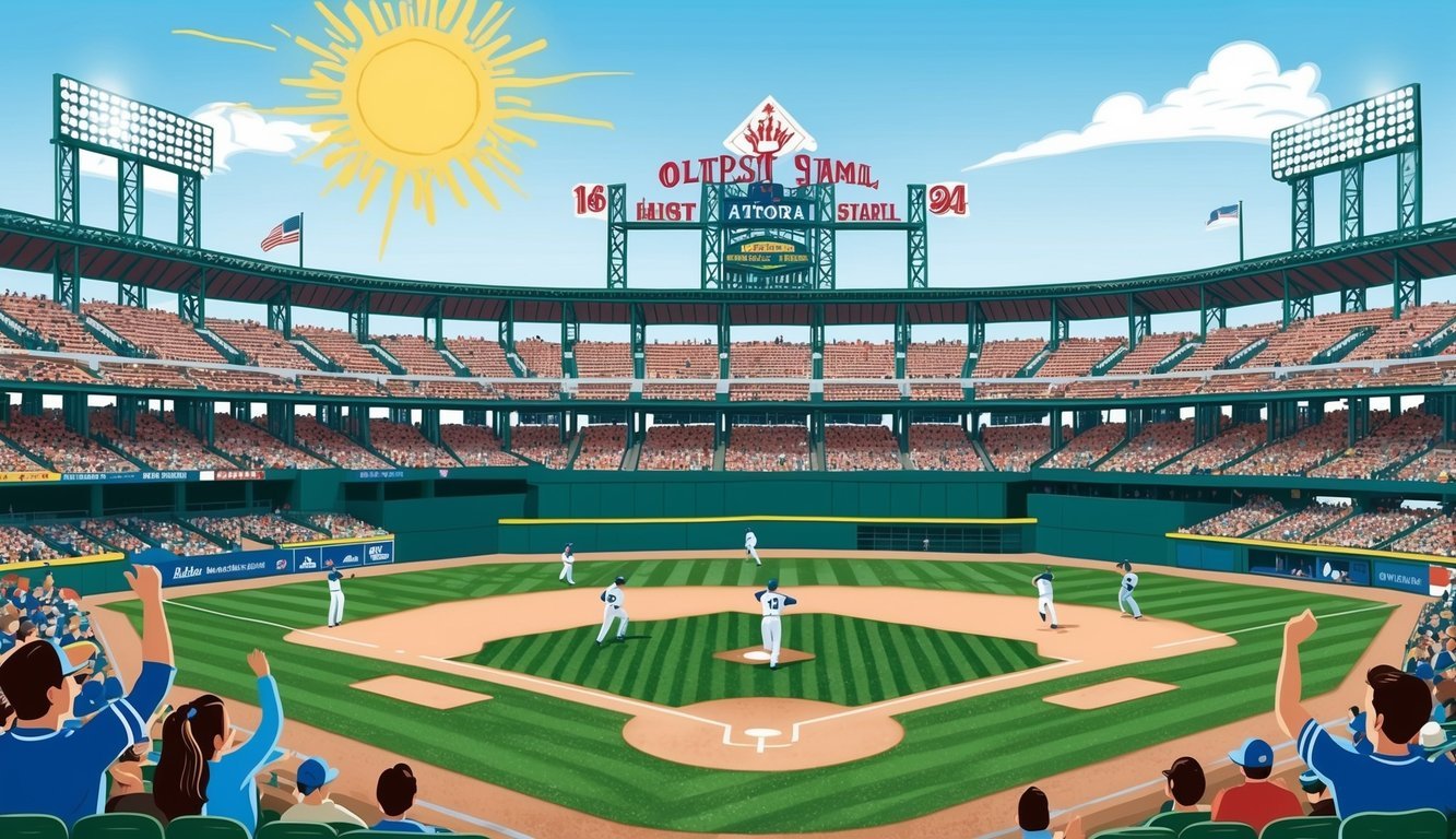 A sunny day at the oldest baseball stadium, with fans cheering and players on the field.</p><p>The stadium is filled with history and nostalgia