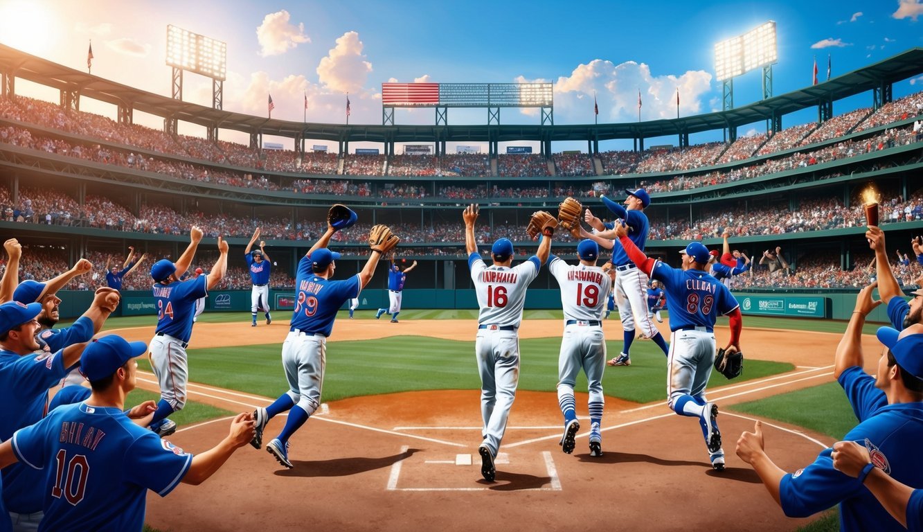 A sunny afternoon at a historic baseball stadium, filled with cheering fans and players celebrating a triumphant win