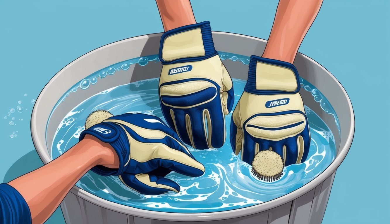 Hands washing blue and cream gloves in a bucket of soapy water