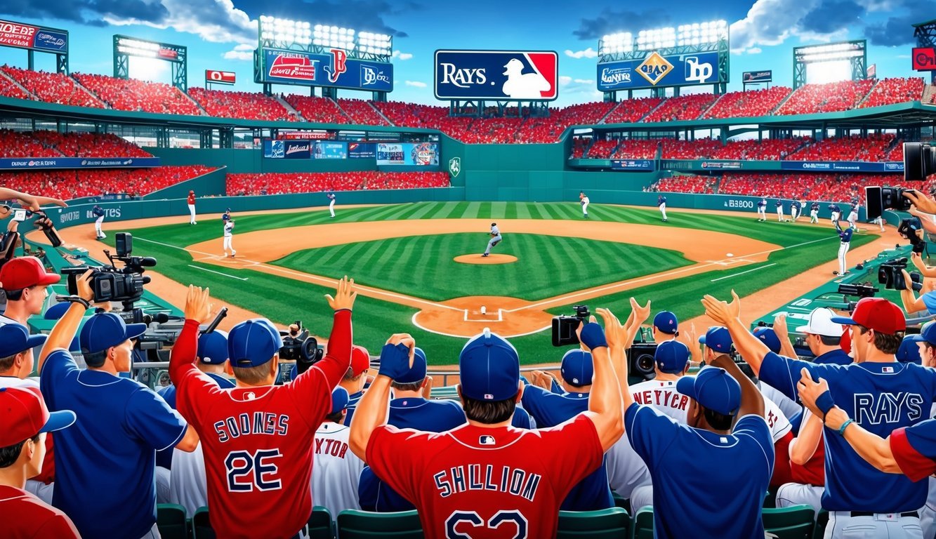 Fans cheer as the Red Sox and Rays face off on the baseball field, surrounded by media capturing the intense game