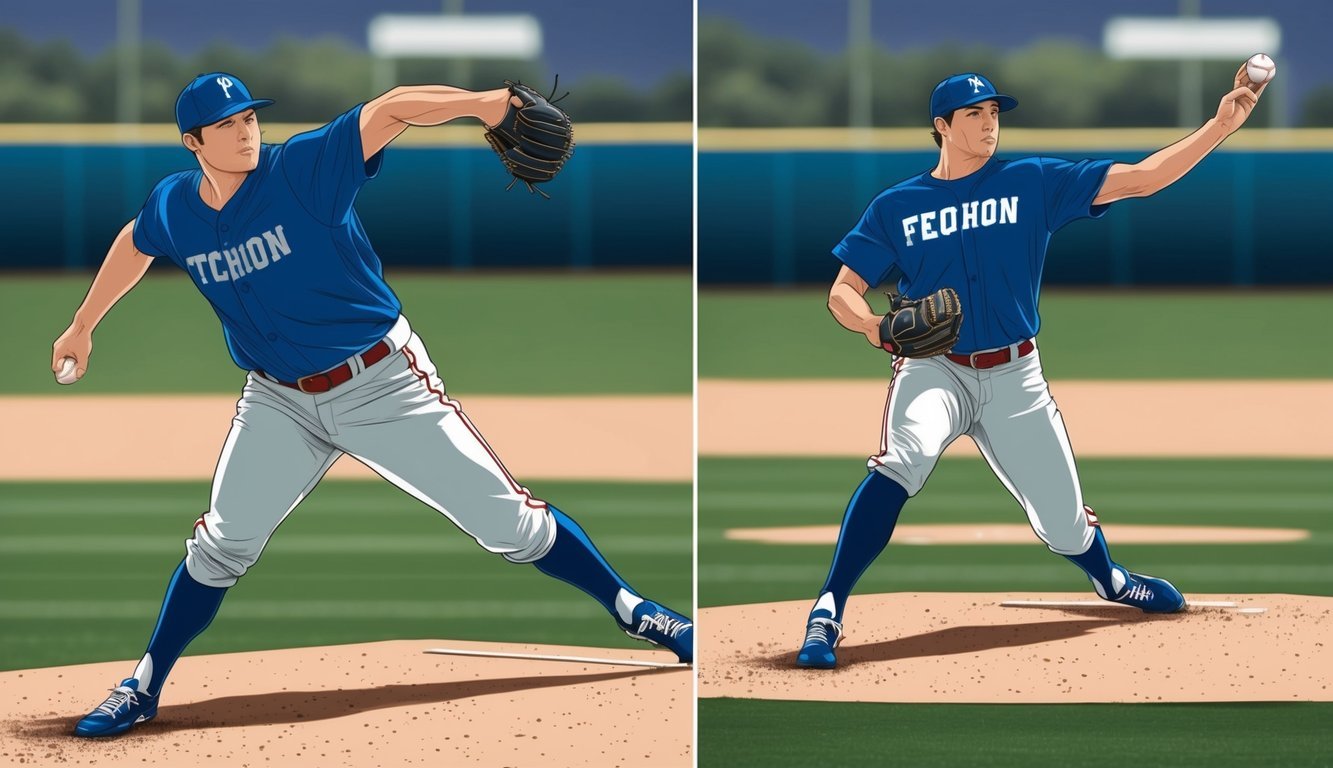 A baseball pitcher in mid-motion, wind-up, and release, demonstrating proper pitching mechanics