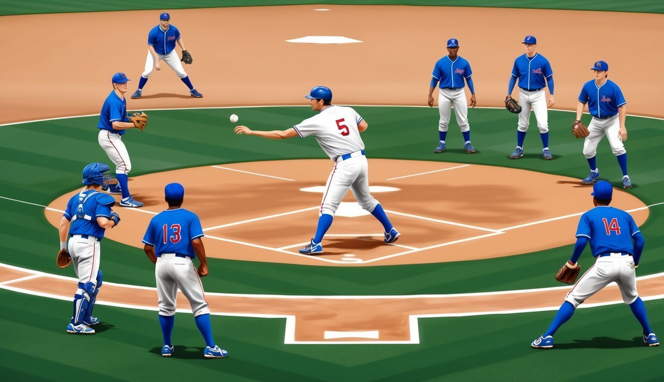 Baseball players in blue uniforms on a field, one throwing the ball