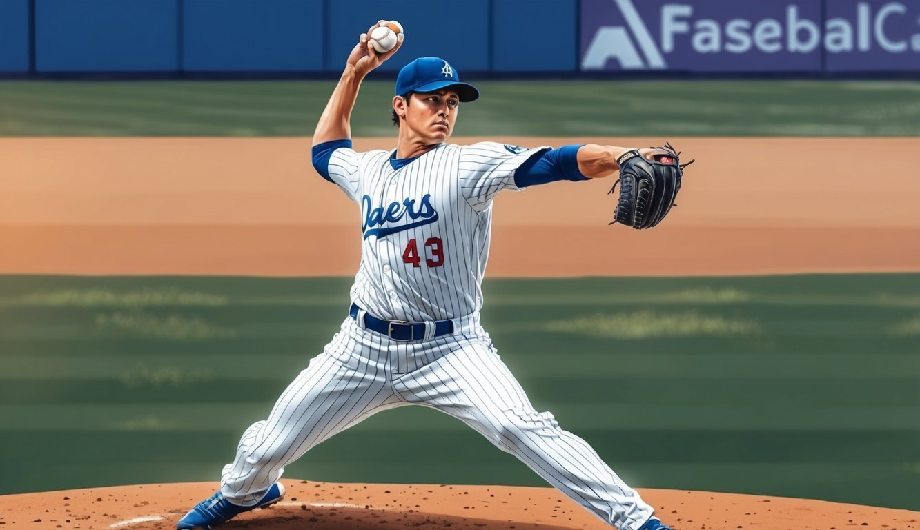 A baseball pitcher winding up to throw a fastball with intense focus and control