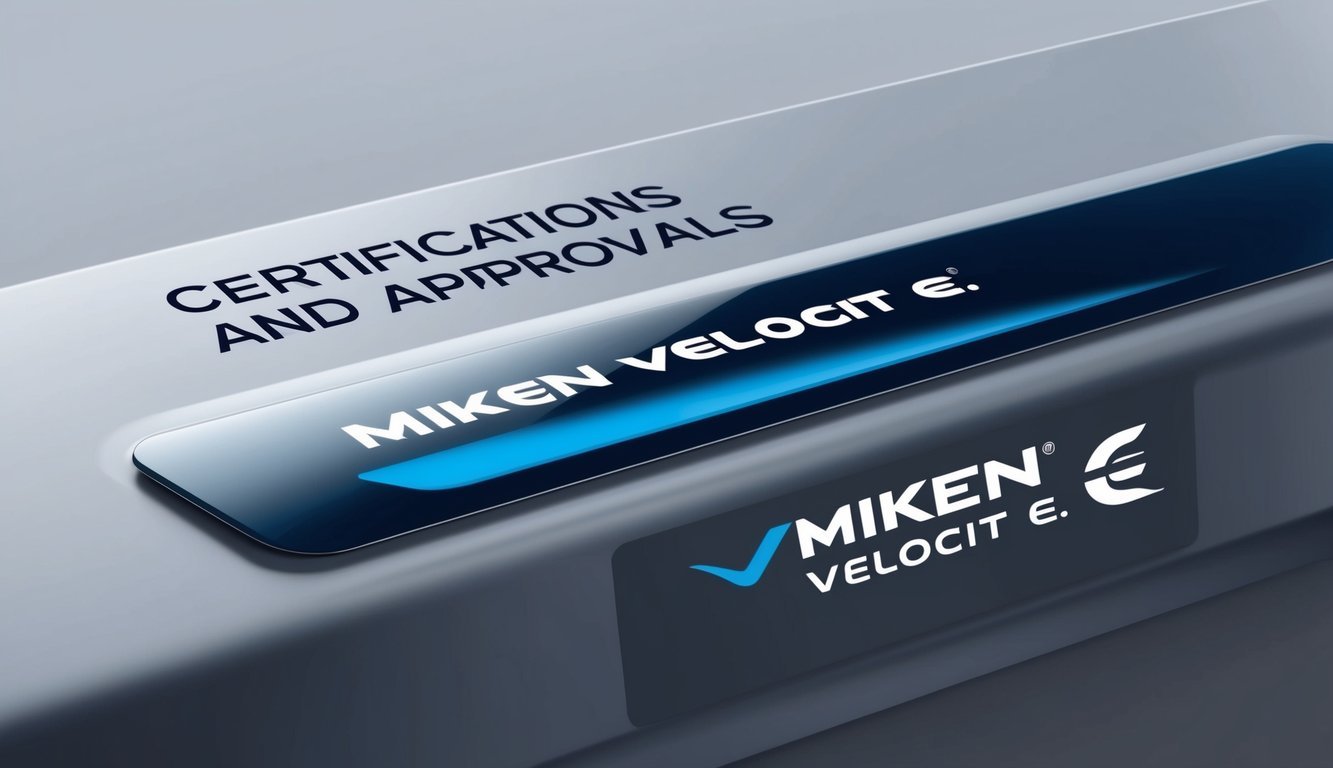 A sleek, modern product label featuring the words "Certifications and Approvals" alongside the logo for "miken velocit e."