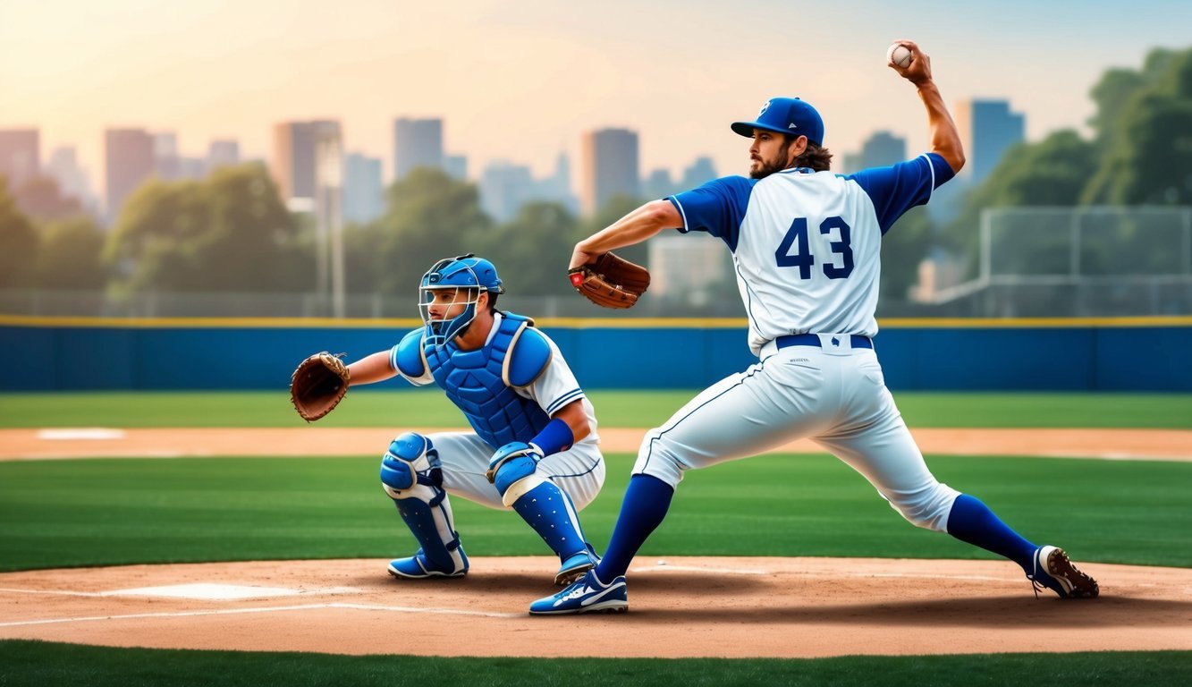 A pitcher winding up to throw a baseball, while a catcher crouches behind home plate, ready to receive the pitch