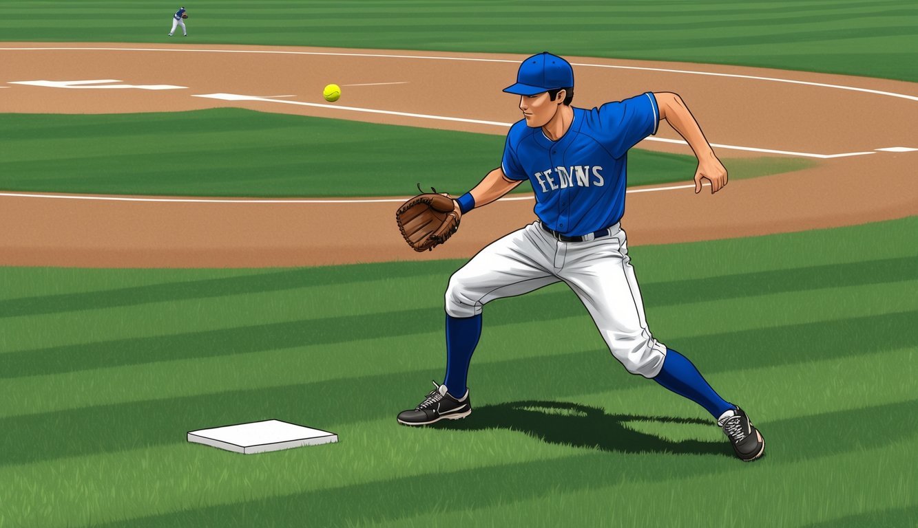 A baseball player demonstrating fielding fundamentals on a grassy field