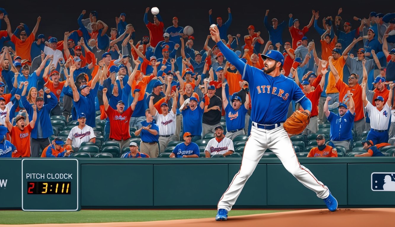 Fans cheer as a baseball pitcher winds up.</p><p>The pitch clock counts down, adding tension to the game