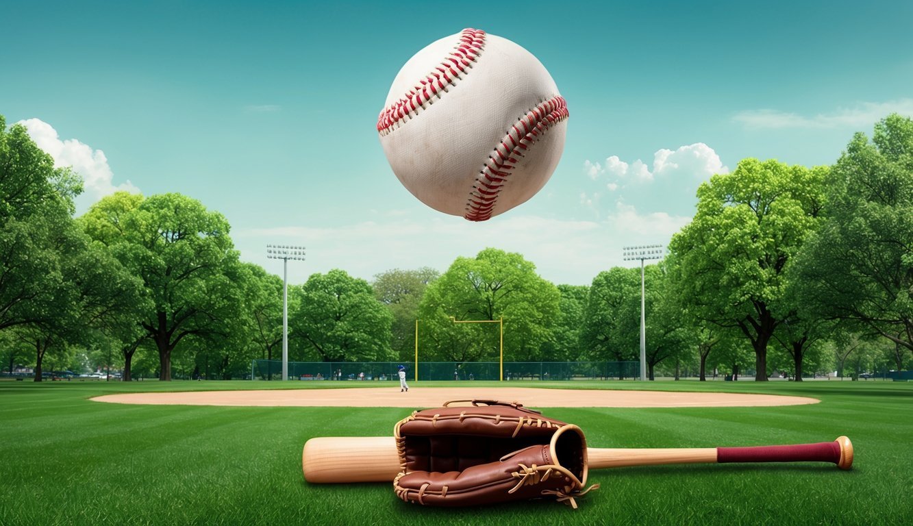 Baseball, glove, and bat on a baseball field with a floating ball