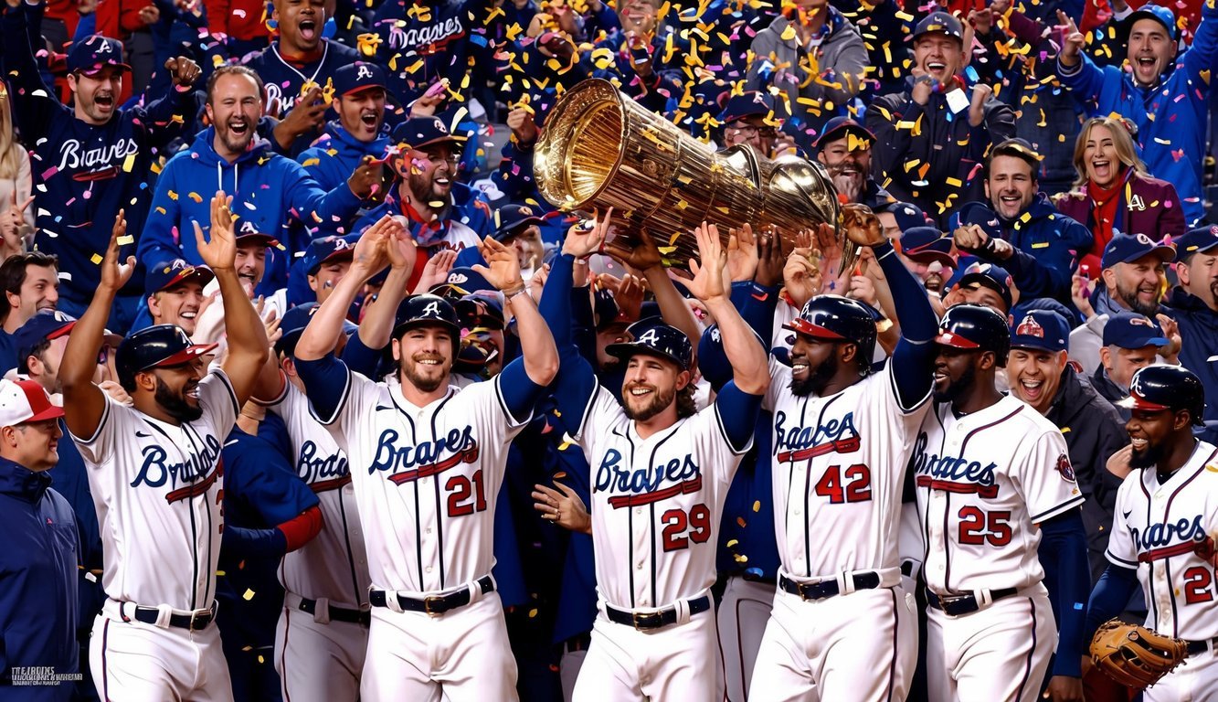 The Braves celebrate their World Series wins with cheering fans and confetti raining down on the players