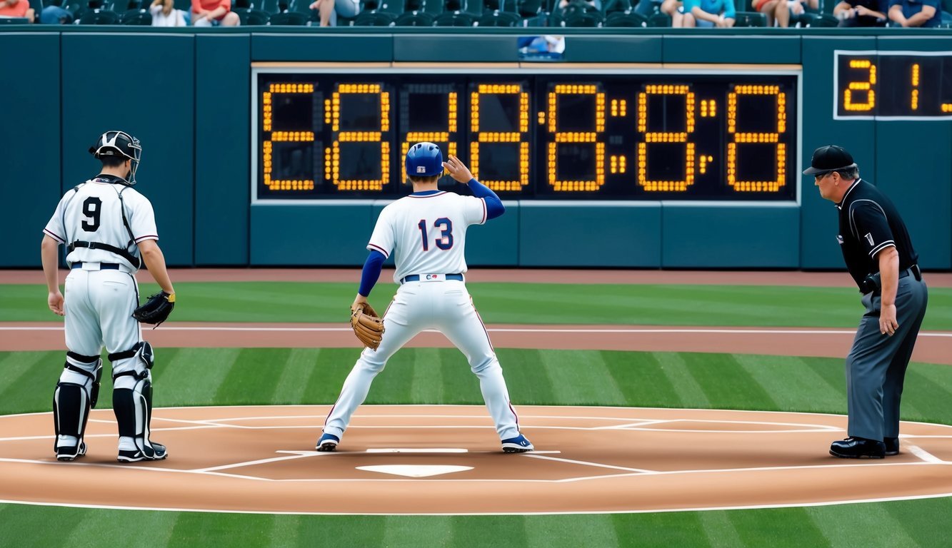 A baseball pitcher stands on the mound, glancing at the large digital pitch clock behind home plate.</p><p>Umpires enforce the time limit