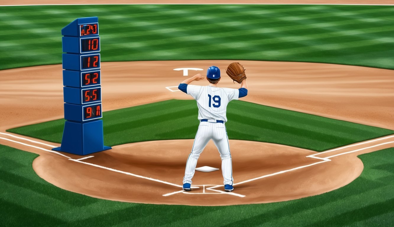 A baseball pitch clock stands on the edge of the field, counting down the seconds as the pitcher winds up for the next throw