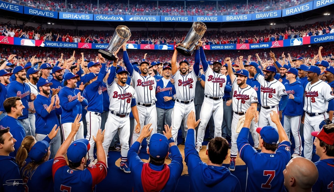 The stadium filled with cheering fans as the Braves celebrate their World Series victories with players hoisting the championship trophy