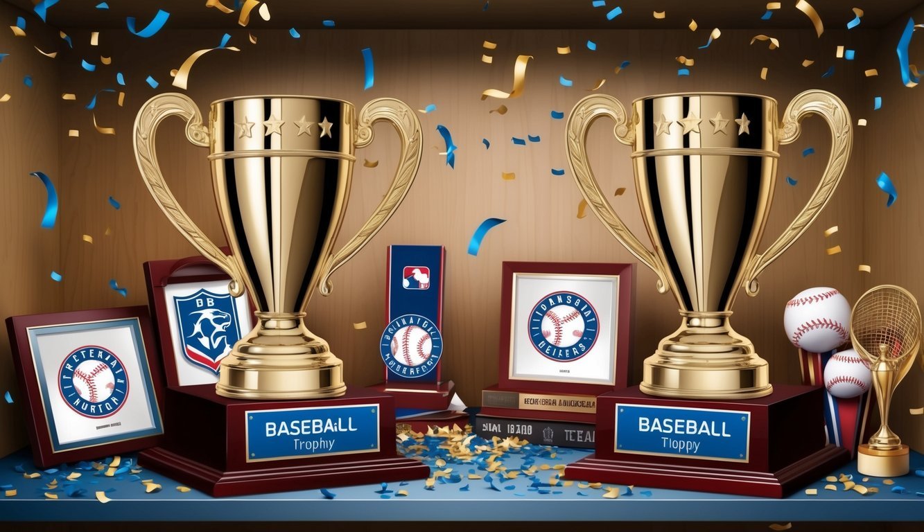 Two baseball trophies displayed on a shelf, surrounded by team memorabilia and celebratory confetti