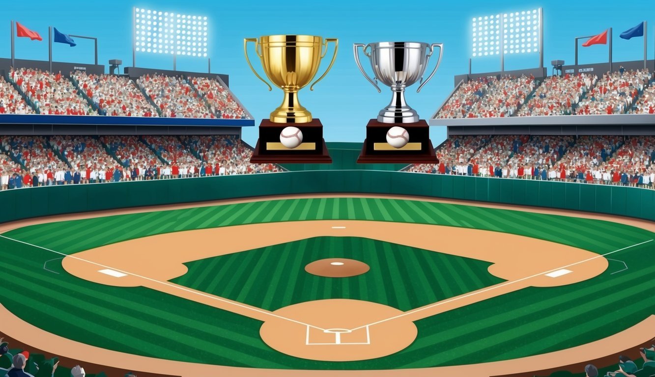 A baseball field with two championship trophies and a cheering crowd