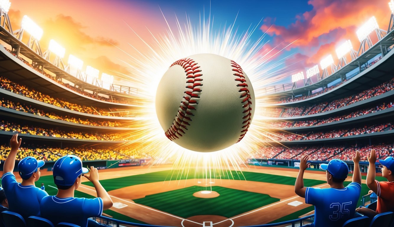 A baseball soaring through a vibrant, sunlit stadium, surrounded by cheering fans and enhanced graphics