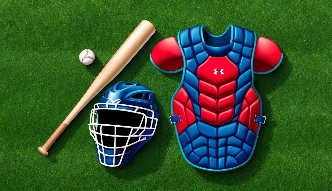 Baseball equipment: bat, ball, catcher's helmet, and chest protector on green grass