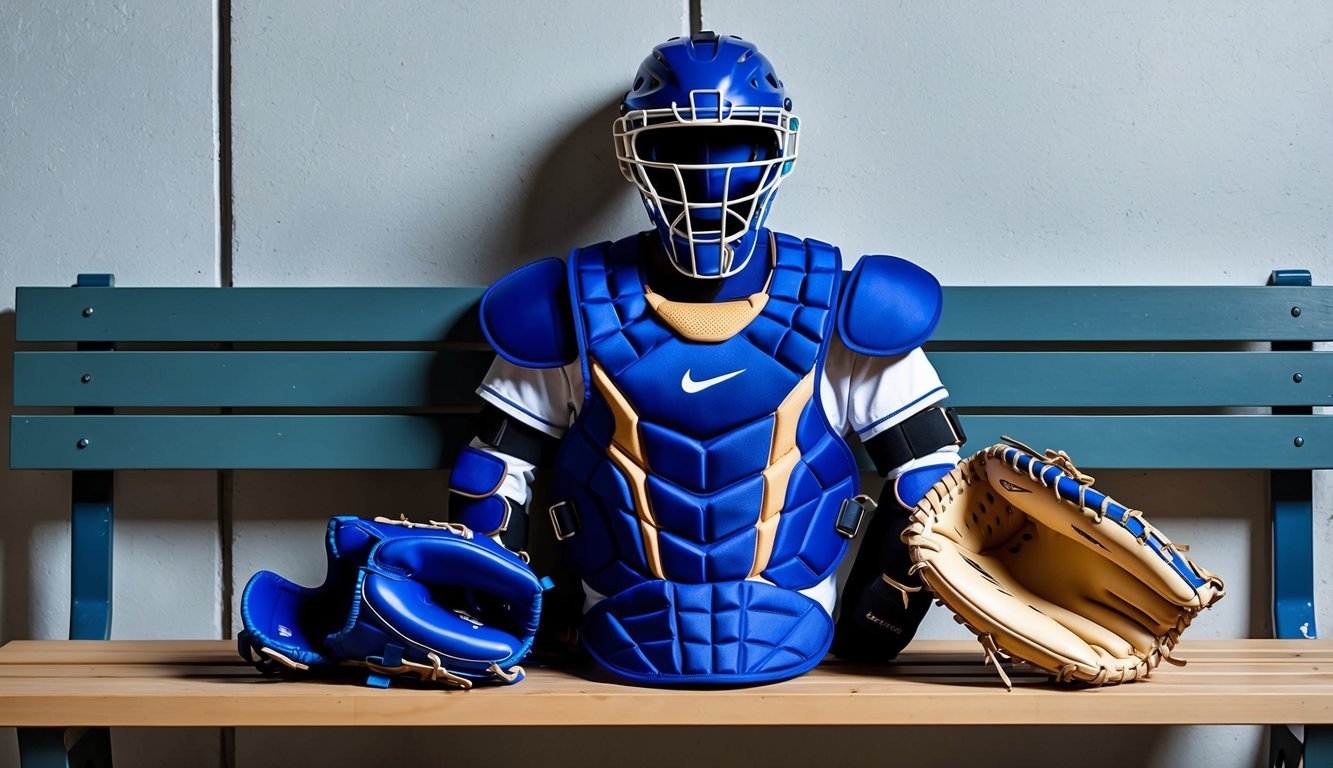 A catcher's gear set laid out neatly on a bench, including a helmet, chest protector, leg guards, and a catcher's mitt