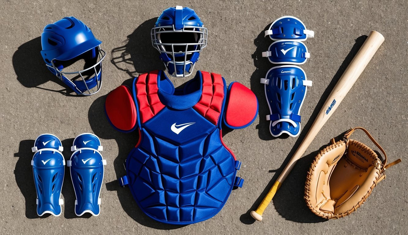 A catcher's gear set laid out on the ground, including a helmet, chest protector, shin guards, and catcher's mitt