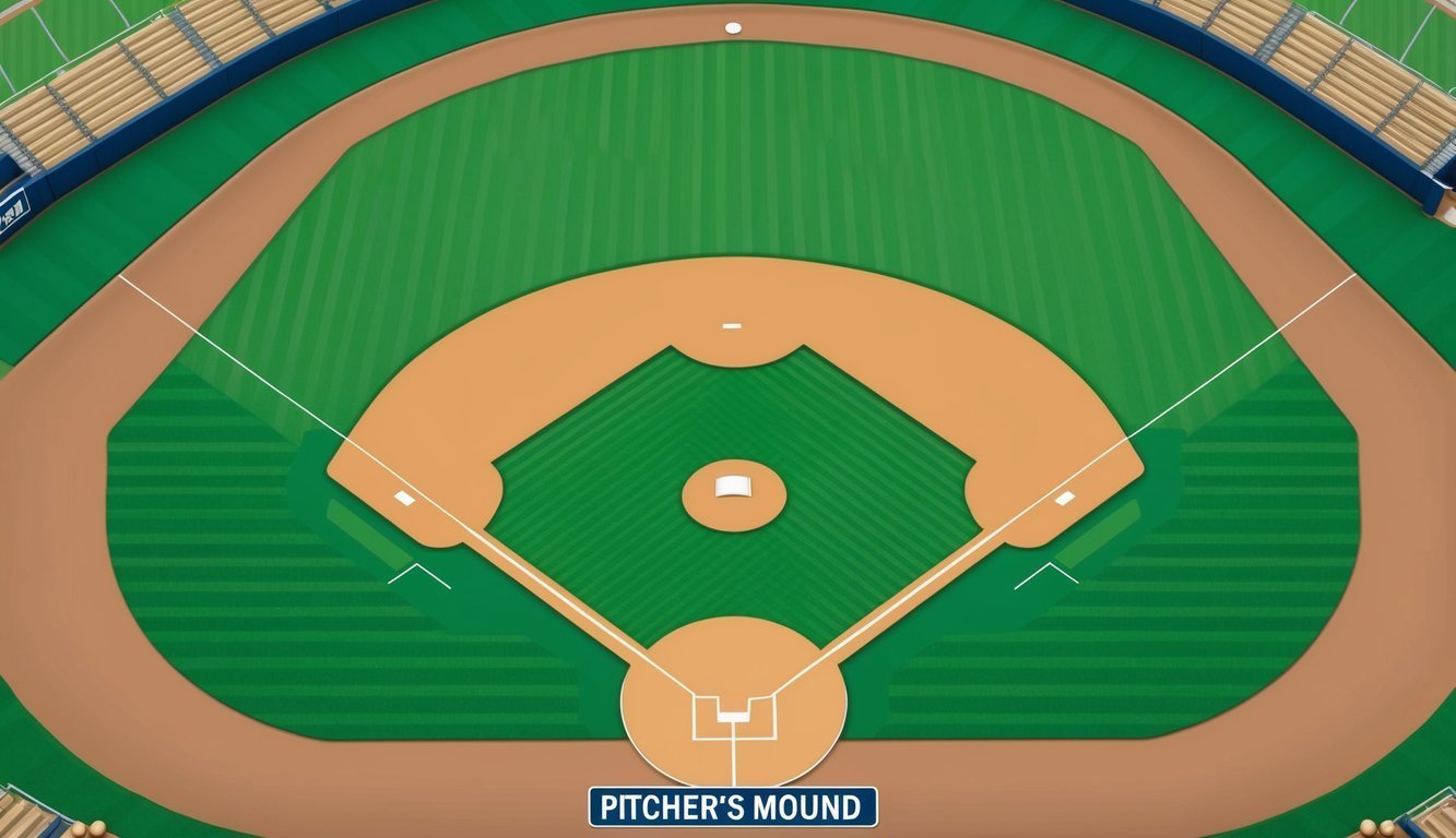 Overhead view of a baseball field with the pitcher's mound labeled