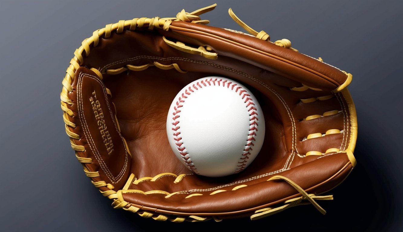 Baseball in a brown leather glove with yellow stitching