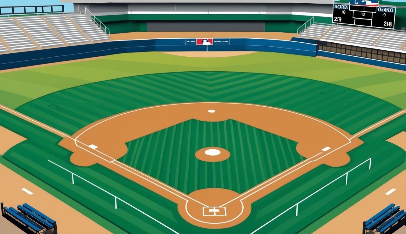 A baseball field with bases, a pitcher's mound, and outfield.</p><p>A scoreboard and bleachers fill the background