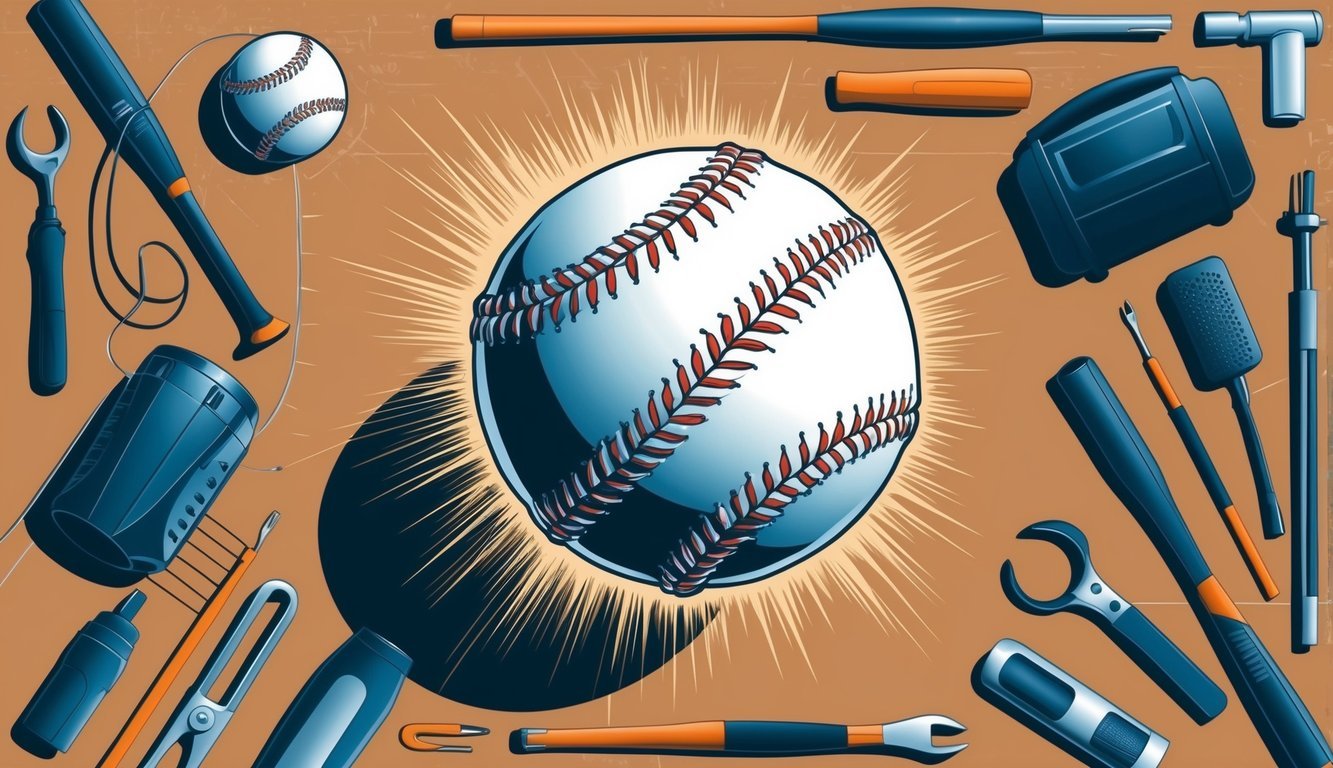 A baseball mid-air, with dynamic lines and shading, surrounded by various sports equipment and technical tools