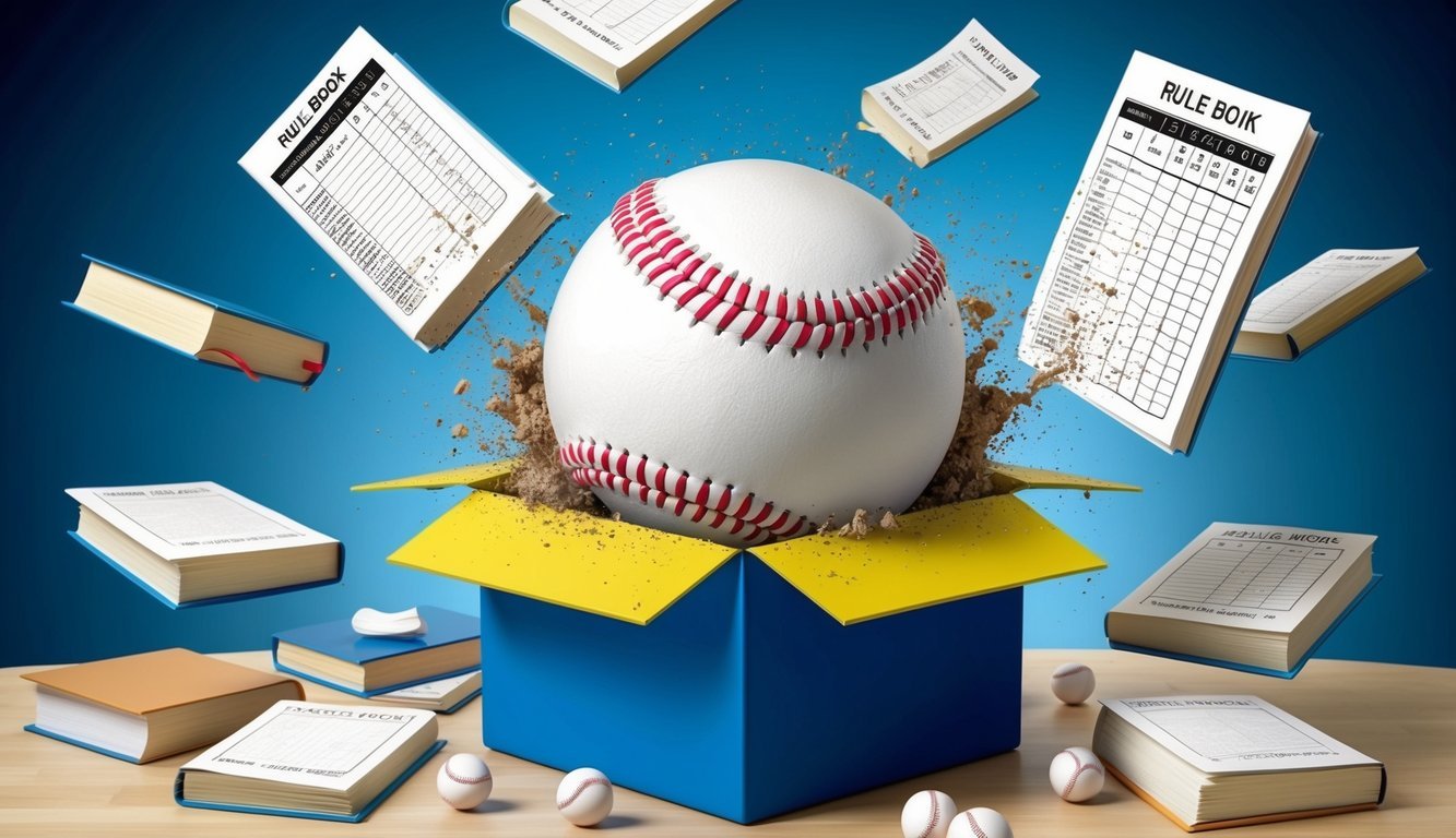 A baseball bursting out of a colorful box, surrounded by floating rule books and scoring sheets