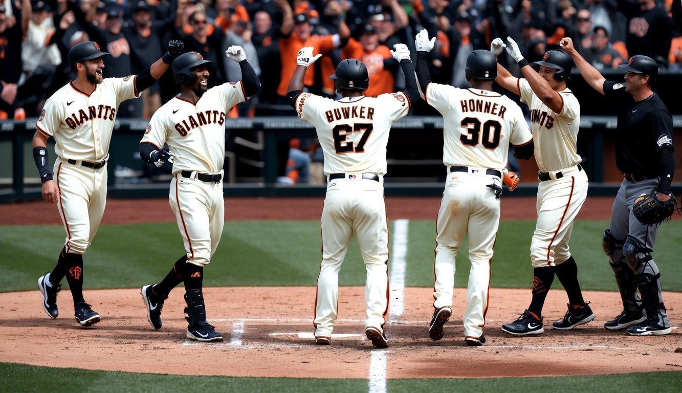 San Francisco Giants baseball players celebrate a victory on the field